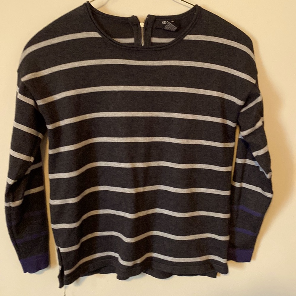 Sweater size medium super soft. Gray with white and blue stripes.
